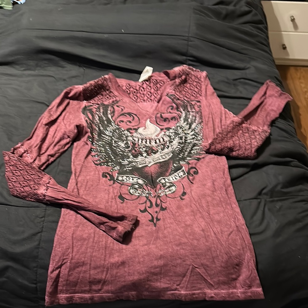 Sinful Burgundy Graphic Lace Sleeve Top